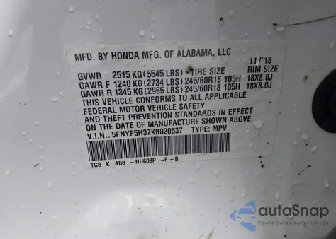 2019 Honda Pilot Ex from USA, damaged, VIN 5FNYF5H37KB020537